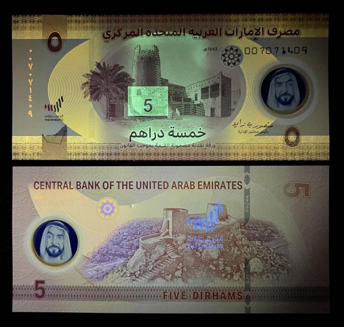 B553-UNITED ARAB EMIRATES-2022阿拉伯聯合大公國塑膠鈔票5 Dirhams(859)
