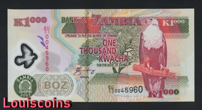 561-1 B561-ZAMBIA-2003-2012尚比亞(贊比亞)塑膠紙幣,1000 Kwacha(747)