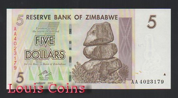 568-1 B568-ZIMBABWE--2007辛巴威紙幣5 Dollars(741)