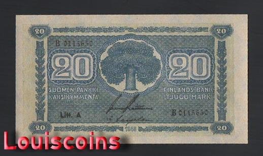 B581-FINLAND-1945芬蘭鈔票-20 Markkaa(BO)