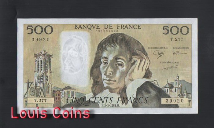 B593-FRANCE-1968-1993法國紙幣,500 Francs(B)