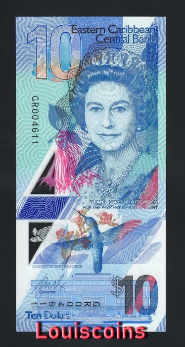 B605-EAST CARIBBEAN STATES-2019東加勒比海塑膠鈔票-10 Dollars（750）