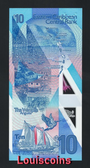 B605-EAST CARIBBEAN STATES-2019東加勒比海塑膠鈔票-10 Dollars（750）