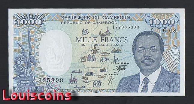 621-1 B621-CAMEROON-1986-92喀麥隆紙幣,1.000 Francs(B)
