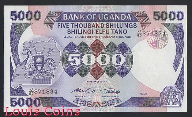 653-1 B653-UGANDA --1986烏干達紙幣5.000 Shillings(B)
