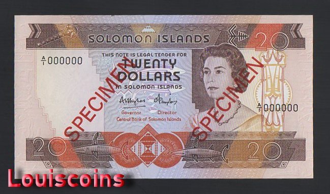 B660-SOLOMON ISLANDS-1984所羅門群島紙幣-20 Dollars樣張(O)