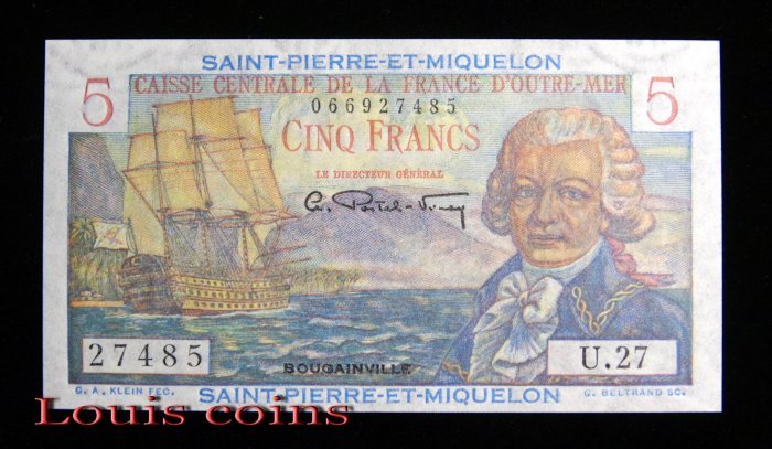 B701-SAINT PIERRE & MIQUELON-ND(1950-60)聖皮埃與密克隆群島紙鈔-5 Francs(BO)