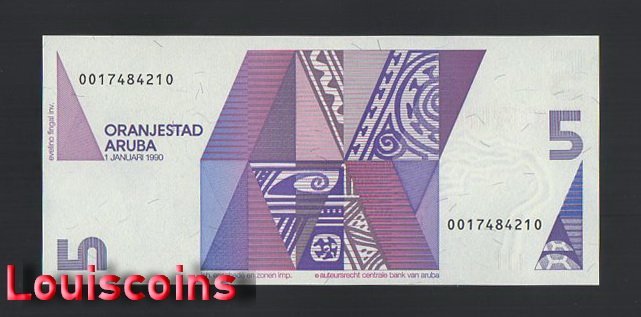 B702-ARUBA-1990阿魯巴鈔票-5 Florin(BO)