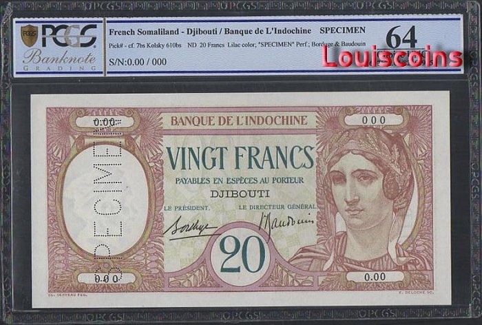 B721-DJIBOUTI / French Somaliland-1928-38吉布地 / 法屬索馬里蘭紙幣20 Francs(O)