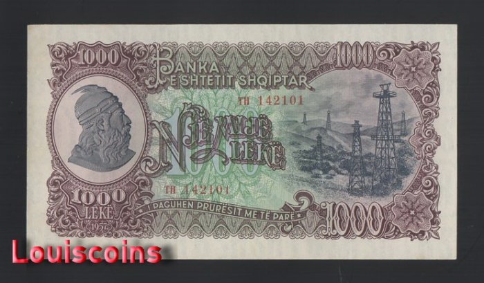734-1 B734-ALBANIA-1957阿爾巴尼亞鈔票.1000 Lekл(409)
