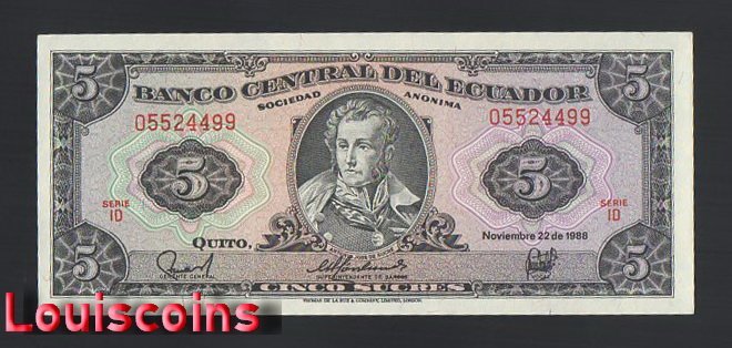 736-1 B736-ECUADOR-1988厄瓜多紙幣-5 Sucres(B)