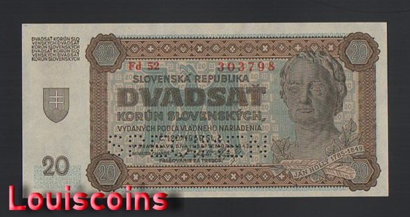 740-1 B740-SLOVAKIA-1942斯洛伐克紙幣20 Korun(O)