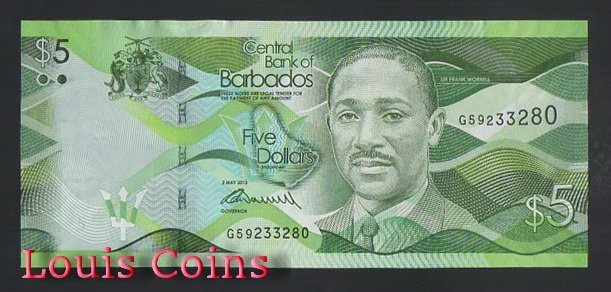 758-1 B758-BARBADOS--2013巴貝多紙幣5 Dollars(696)