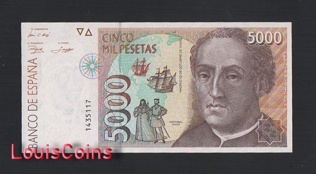 B782-SPAIN-1992西班牙紙幣,5000 Pesetas(B)