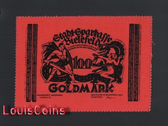 800-1 B800-GERMANY-1923德國緊急貨幣絨布鈔票100 GOLD MARK(O)