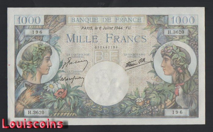 811-1 B811-FRANCE-1940-1944法國紙幣,1000 Francs(O)