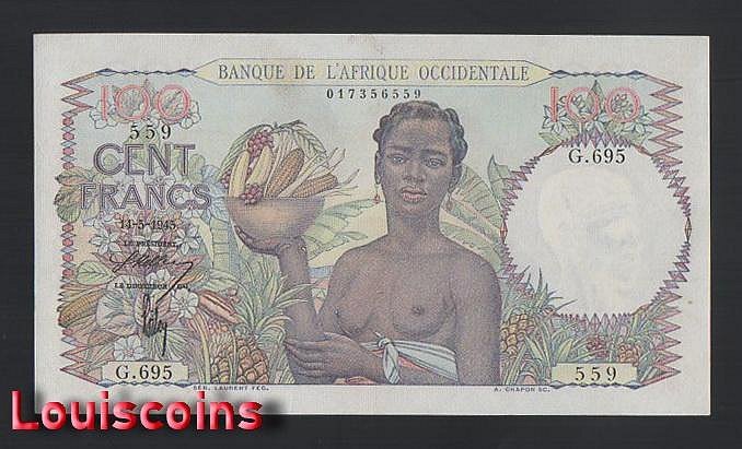 827-2 B827-FRENCH WEST AFRICA-1945法屬西非紙幣-100 Francs(PMG58)(O)