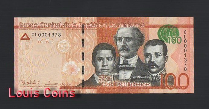853-1 B853-DOMINICAN -2014-2017多明尼加共和國紙幣,100 Pesos(BO)