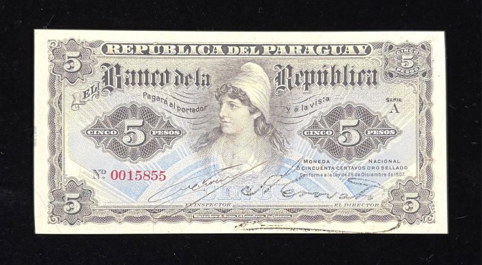 B884-PARAGUAY-1907巴拉圭紙幣,5 Pesos（O）