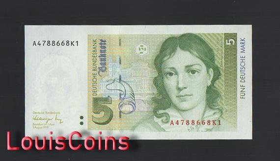 B913-FEDERAL REPUBLIC OF GERMANY-1991德國鈔票-5(B)