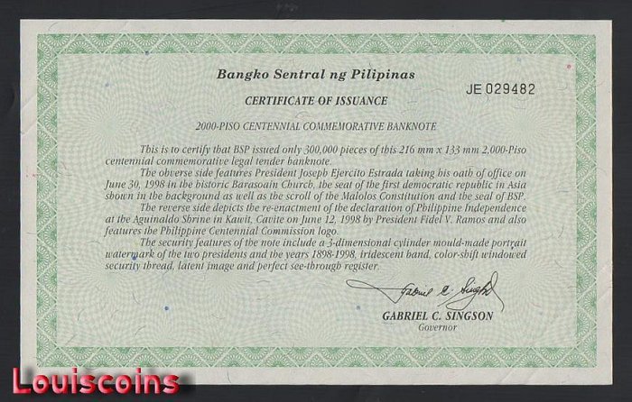 B932-PHILIPPINES-1998菲律賓紀念紙幣-2000 Piso(T)
