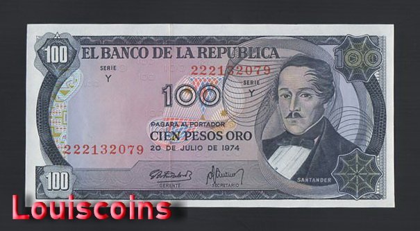 B941-COLOMBIA-1974哥倫比亞紙幣,100 Pesos(1341)