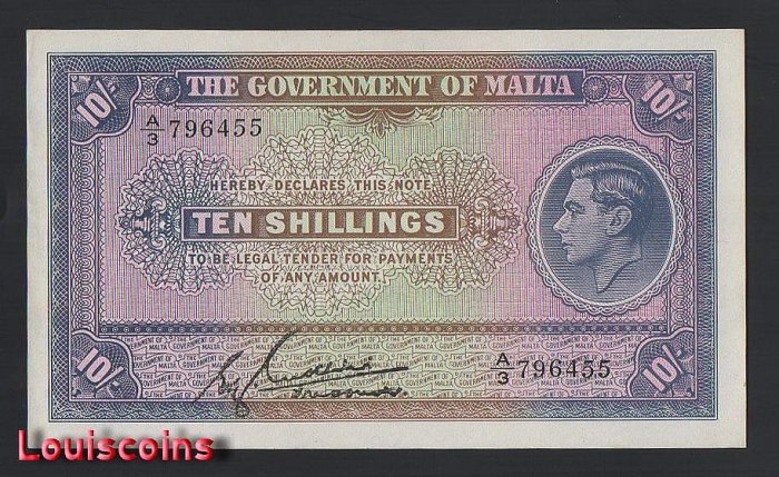 943-1 B943-MALTA-1939馬爾他紙幣-10 Shillings(O)
