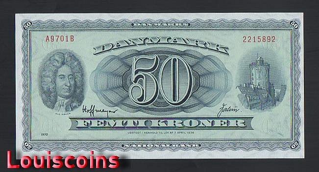952-1 B952-DENMARK-1956-1970丹麥紙幣,50 Kroner(O)