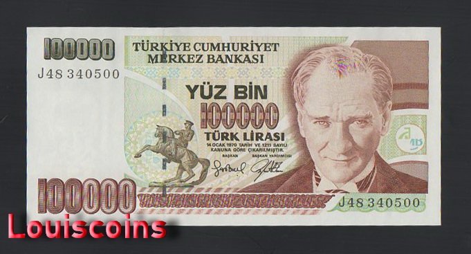 959-1 B959-TURKEY-L.1970土耳其鈔票-100.000 Türk(O)