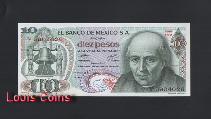 1060-1 B1060-MEXICO-1969-1977墨西哥紙幣,10 Pesos(BO)