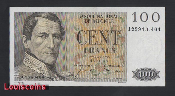 1108-1 B1108-BELGIUM-1952-59比利時紙幣,100 Francs(BO)