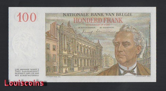 1108-2 B1108-BELGIUM-1952-59比利時紙幣,100 Francs(BO)