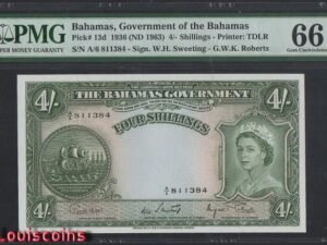 B1136-BAHAMAS-1936 (ND 1963)巴哈馬紙幣-4 Shillings(O)