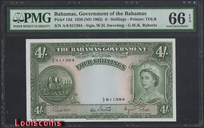 B1136-BAHAMAS-1936 (ND 1963)巴哈馬紙幣-4 Shillings(O)