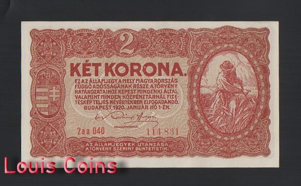 1147-1 B1147-HUNGARY-1920匈牙利紙幣,2 Korona(BO)