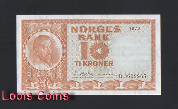 B1154-NORWAY-1973挪威紙幣,10 Kroner(O)