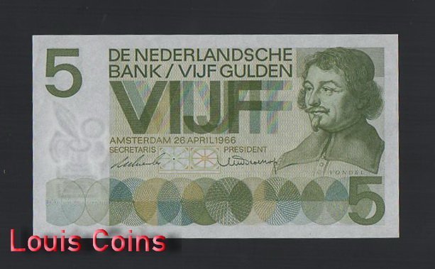 B1155-NETHERLANDS-1966荷蘭紙幣,5 Gulden(O)