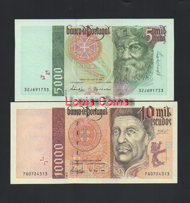 1161-2 B1161-PORTUGAL-1995-2000葡萄牙紙幣,全套5張(O)