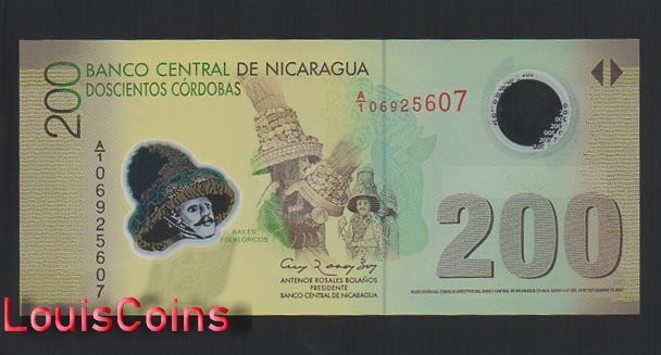 B1186-NICARAGUA-2007尼加拉瓜塑膠紙幣,200 Cordobas（B）