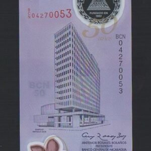 B1189-NICARAGUA-2007尼加拉瓜塑膠紀念紙幣,50 Cordobas(355)