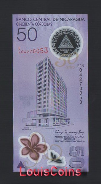 B1189-NICARAGUA-2007尼加拉瓜塑膠紀念紙幣,50 Cordobas(355)
